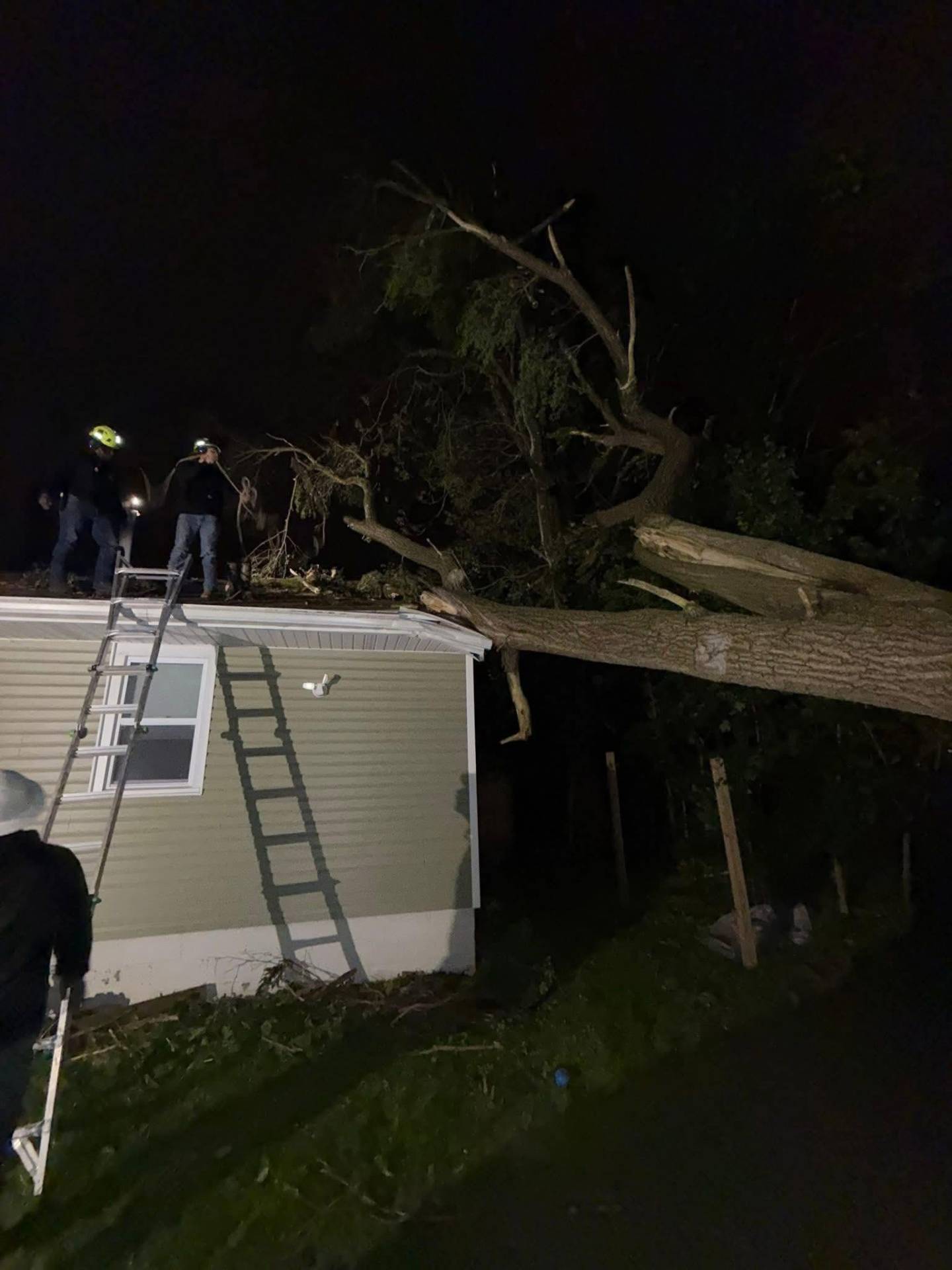 La Familia crew responding to a tree-on-roof emergency at night